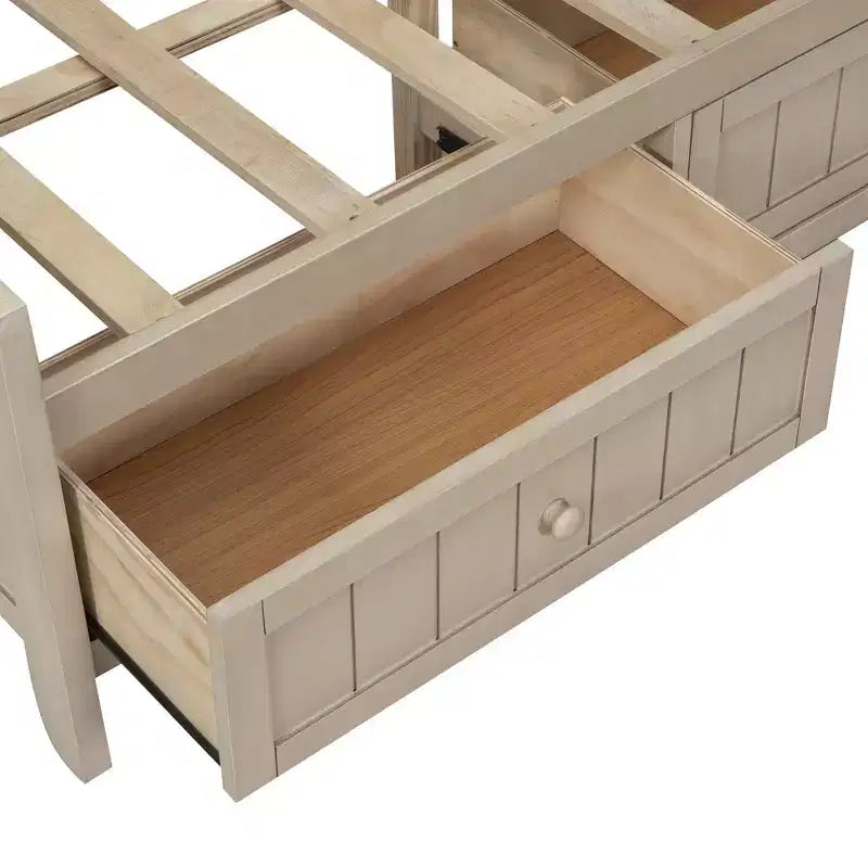 Divano letto contenitore in legno, base letto a piattaforma con mensole e 3 cassetti e ante scorrevoli, letto ad angolo a L con contenitori, bianco antico