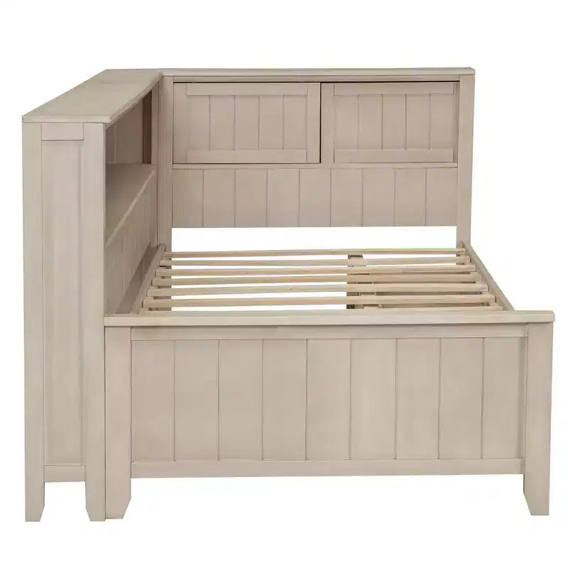 Divano letto contenitore in legno, base letto a piattaforma con mensole e 3 cassetti e ante scorrevoli, letto ad angolo a L con contenitori, bianco antico