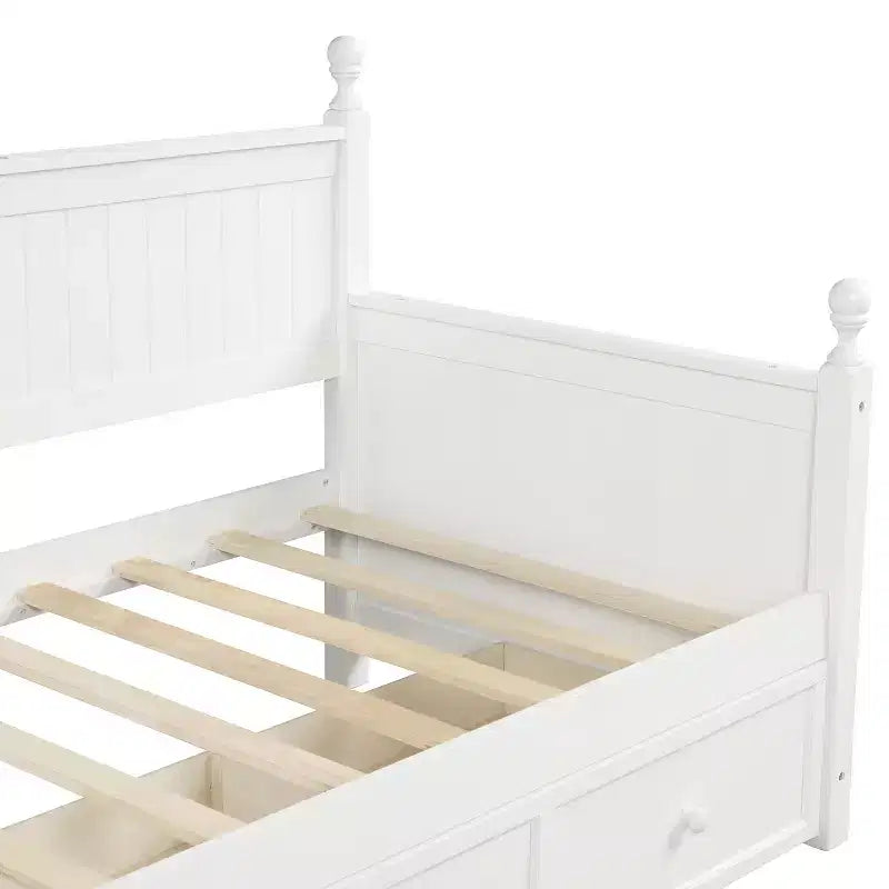 Divano letto singolo con contenitore a tre cassetti, struttura del divano letto singolo in legno per camera da letto, bianco