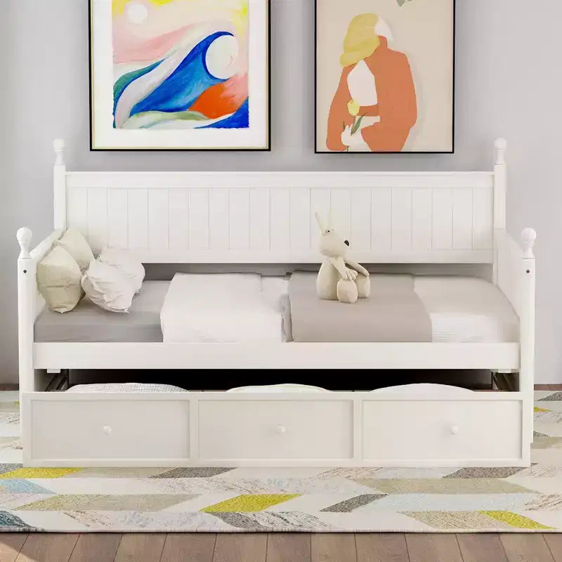 Divano letto singolo con contenitore a tre cassetti, struttura del divano letto singolo in legno per camera da letto, bianco