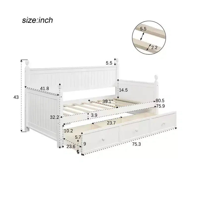 Divano letto singolo con contenitore a tre cassetti, struttura del divano letto singolo in legno per camera da letto, bianco