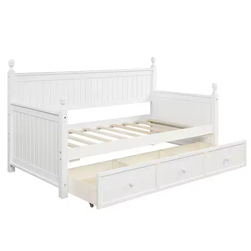 Divano letto singolo con contenitore a tre cassetti, struttura del divano letto singolo in legno per camera da letto, bianco
