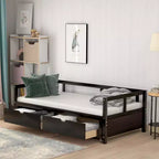 Divano Letto in Legno Matrimoniale con Letto Estraibile e Due Cassetti Contenitori, Struttura Letto Estensibile, Divano Letto per Camera da Letto Soggiorno