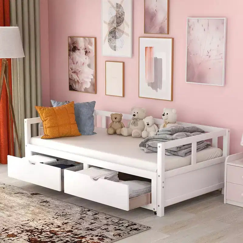 Divano Letto in Legno Matrimoniale con Letto Estraibile e Due Cassetti Contenitori, Struttura Letto Estensibile, Divano Letto per Camera da Letto Soggiorno