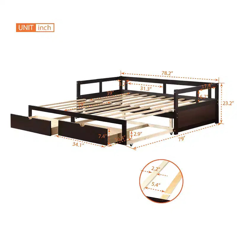 Divano Letto in Legno Matrimoniale con Letto Estraibile e Due Cassetti Contenitori, Struttura Letto Estensibile, Divano Letto per Camera da Letto Soggiorno