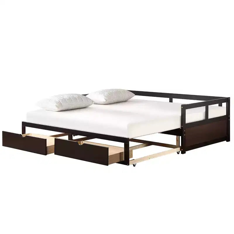 Divano Letto in Legno Matrimoniale con Letto Estraibile e Due Cassetti Contenitori, Struttura Letto Estensibile, Divano Letto per Camera da Letto Soggiorno