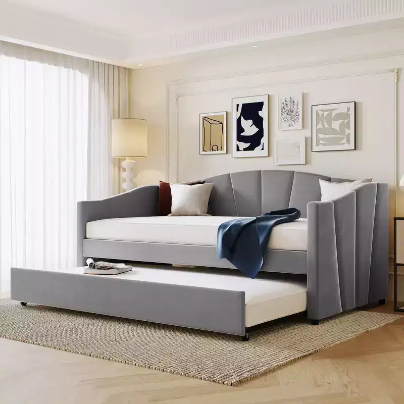 Letto a una piazza imbottito con letto estraibile, divano letto in velluto con testiera e braccioli per soggiorno