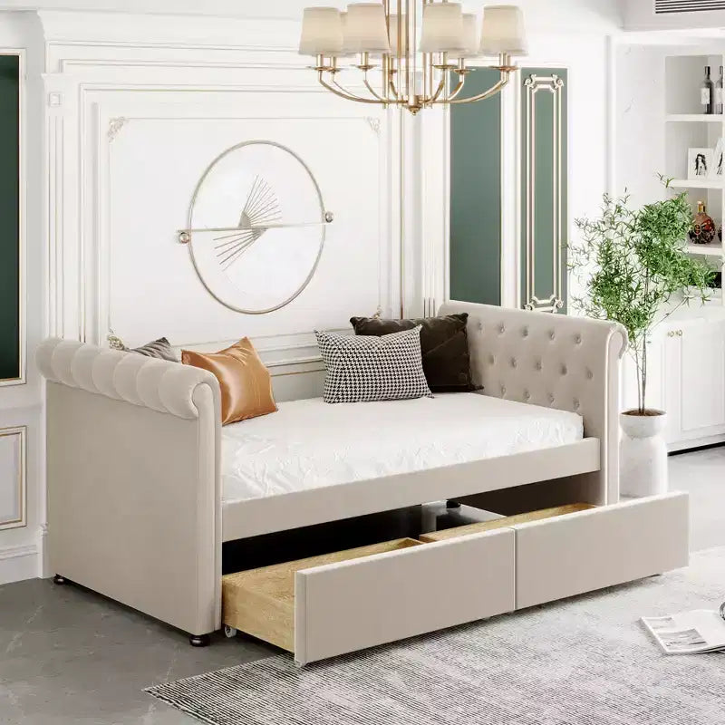 Upholstered Twin Bed Daybed with Drawers, Wood Twin Size Daybed with Storage Drawers