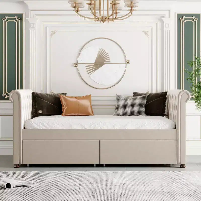 Divano letto imbottito singolo con cassetti, divano letto singolo in legno con cassetti contenitore