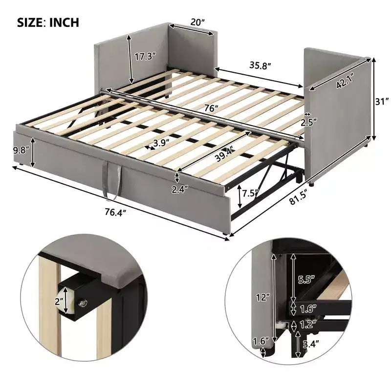 Divano letto imbottito con letto estraibile a scomparsa, Struttura letto singolo in legno con letto estraibile estensibile, Divano letto a capitonné