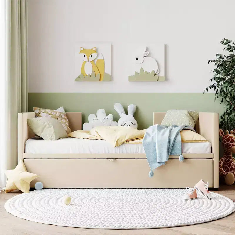 Divano letto imbottito con letto estraibile a scomparsa, Struttura letto singolo in legno con letto estraibile estensibile, Divano letto a capitonné