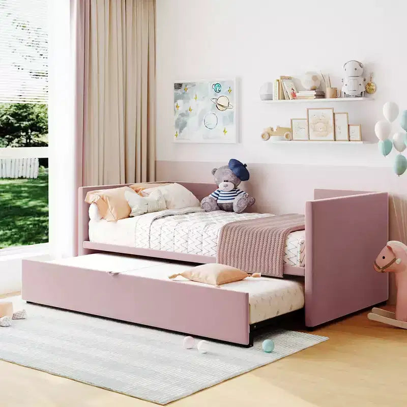 Divano letto imbottito con letto estraibile a scomparsa, Struttura letto singolo in legno con letto estraibile estensibile, Divano letto a capitonné