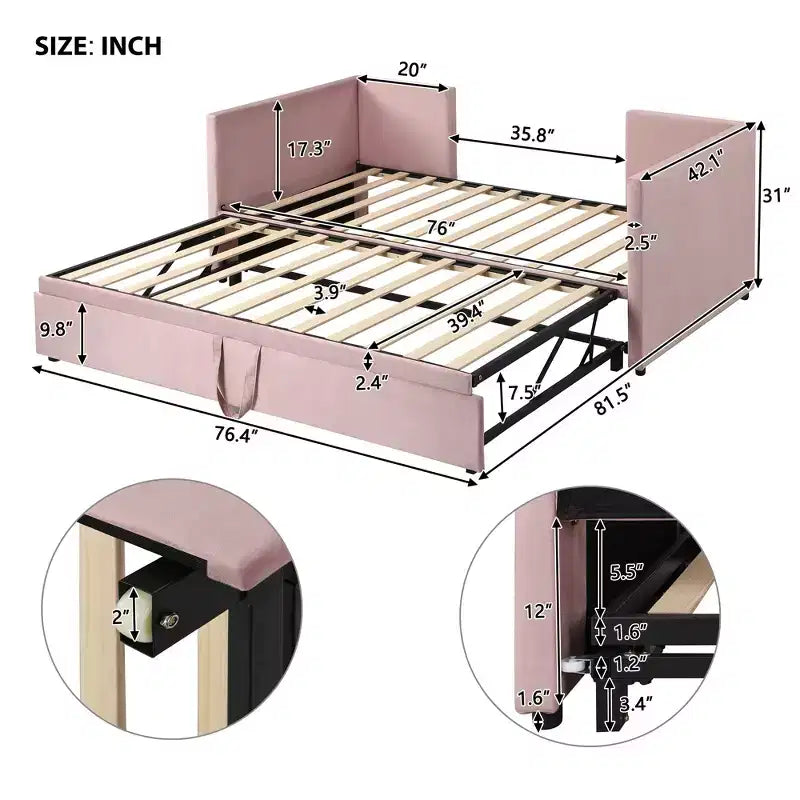 Divano letto imbottito con letto estraibile a scomparsa, Struttura letto singolo in legno con letto estraibile estensibile, Divano letto a capitonné