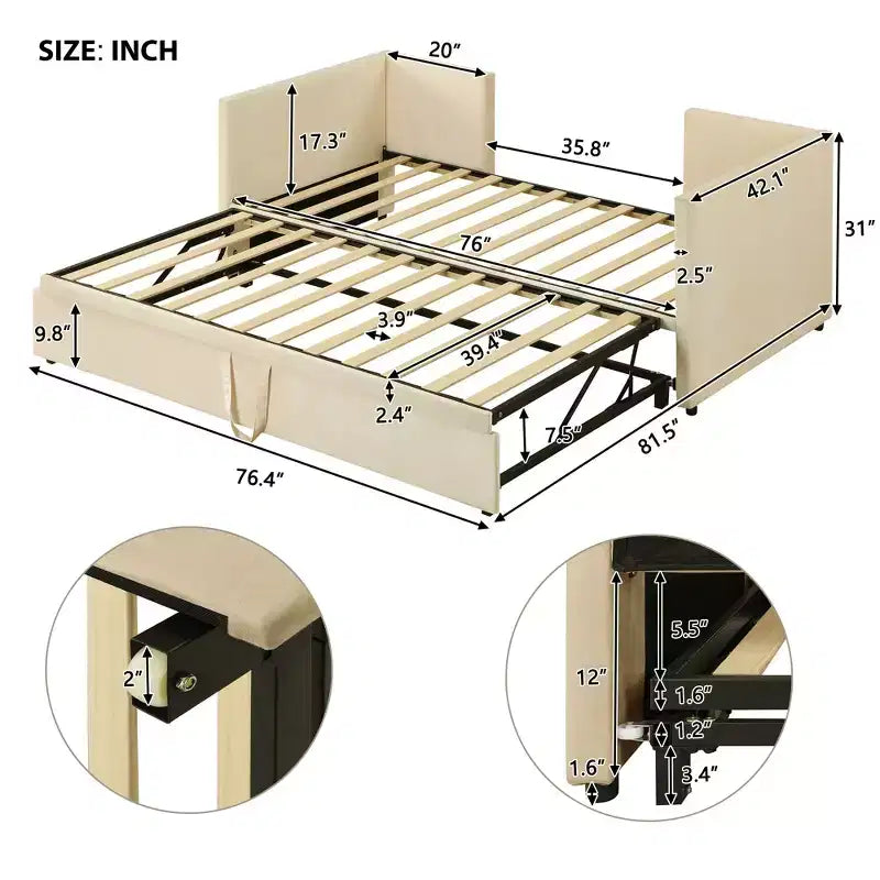 Divano letto imbottito con letto estraibile a scomparsa, Struttura letto singolo in legno con letto estraibile estensibile, Divano letto a capitonné