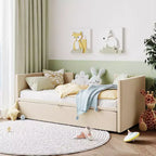 Upholstered Daybed with Pop up Trundle, Wooden Twin Daybed Frame with Extendable Trundle, Tufted Sofa Bed Daybed