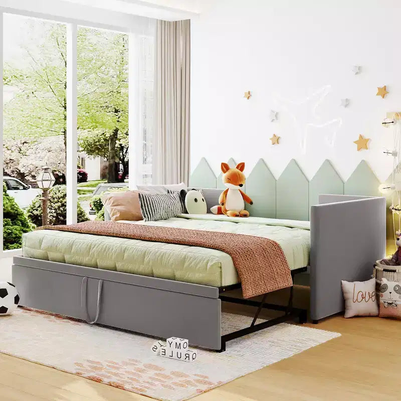 Divano letto imbottito con letto estraibile a scomparsa, Struttura letto singolo in legno con letto estraibile estensibile, Divano letto a capitonné