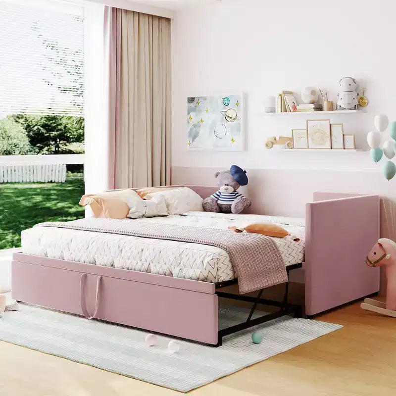 Divano letto imbottito con letto estraibile a scomparsa, Struttura letto singolo in legno con letto estraibile estensibile, Divano letto a capitonné