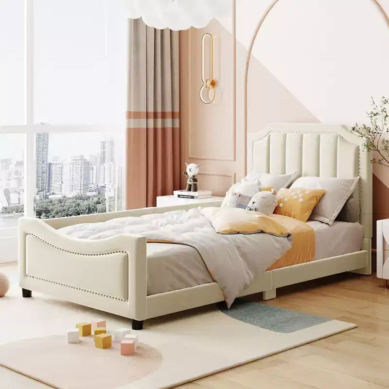 Twin Size Upholstered Daybed with Stripe Shaped Headboard, Velvet Twin Daybed for Bedroom
