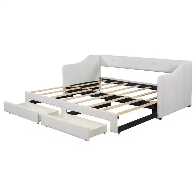 Letto a giorno in lino Twin XL a King Size con due cassetti, struttura del letto a giorno allungabile con letto estraibile a scomparsa per la camera degli ospiti