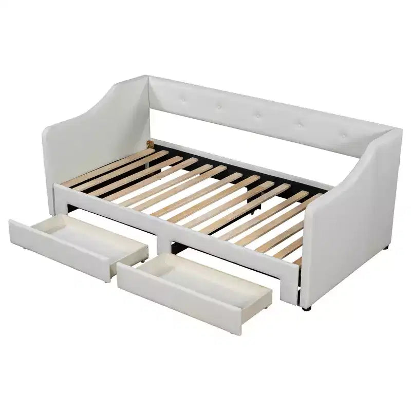 Letto a giorno in lino Twin XL a King Size con due cassetti, struttura del letto a giorno allungabile con letto estraibile a scomparsa per la camera degli ospiti