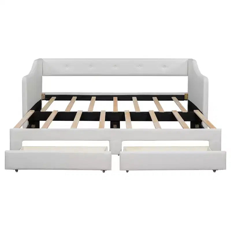 Letto a giorno in lino Twin XL a King Size con due cassetti, struttura del letto a giorno allungabile con letto estraibile a scomparsa per la camera degli ospiti