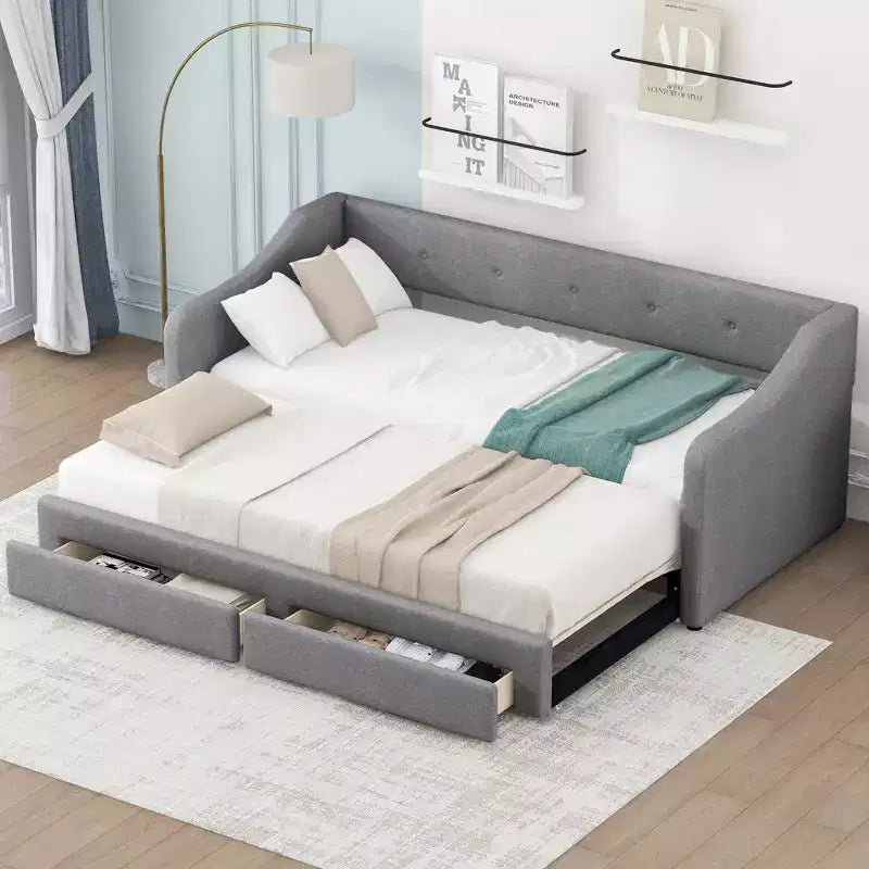 Letto a giorno in lino Twin XL a King Size con due cassetti, struttura del letto a giorno allungabile con letto estraibile a scomparsa per la camera degli ospiti