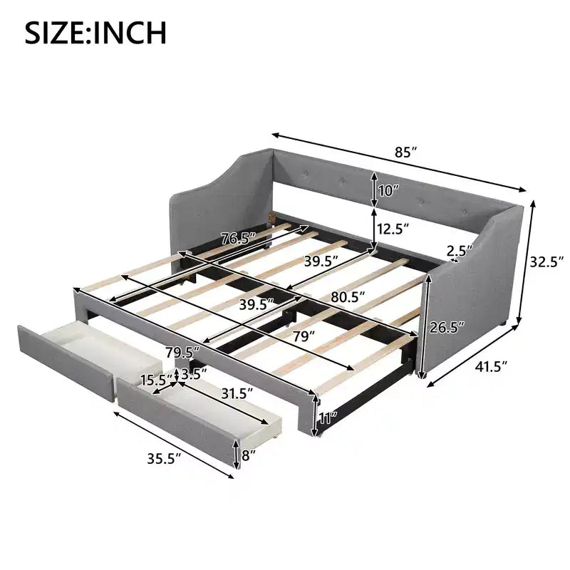 Letto a giorno in lino Twin XL a King Size con due cassetti, struttura del letto a giorno allungabile con letto estraibile a scomparsa per la camera degli ospiti