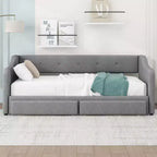 Letto a giorno in lino Twin XL a King Size con due cassetti, struttura del letto a giorno allungabile con letto estraibile a scomparsa per la camera degli ospiti