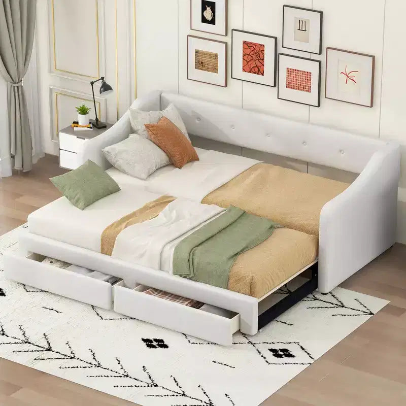 Letto a giorno in lino Twin XL a King Size con due cassetti, struttura del letto a giorno allungabile con letto estraibile a scomparsa per la camera degli ospiti