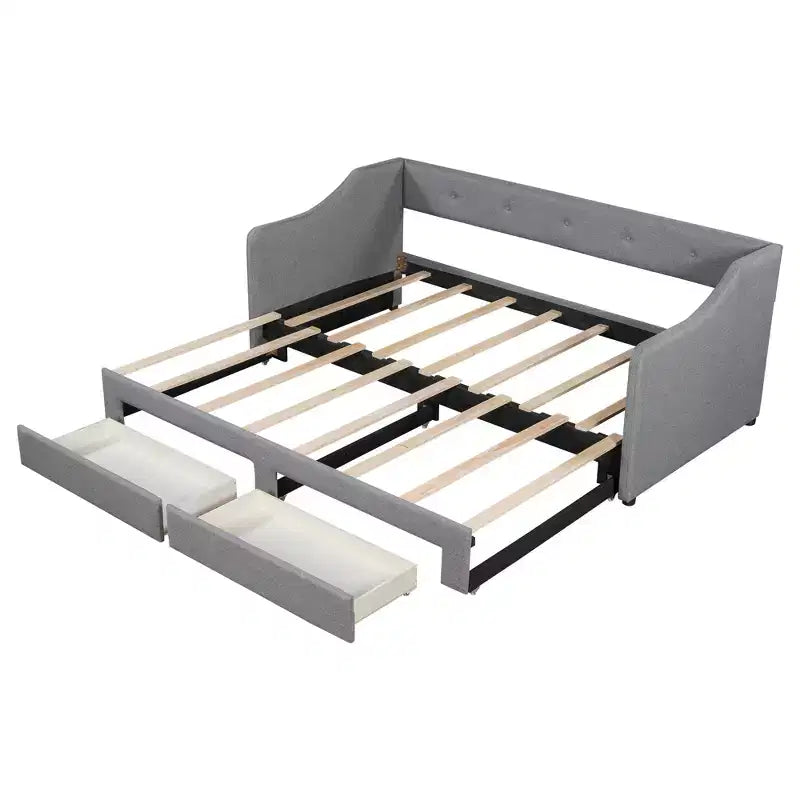 Letto a giorno in lino Twin XL a King Size con due cassetti, struttura del letto a giorno allungabile con letto estraibile a scomparsa per la camera degli ospiti