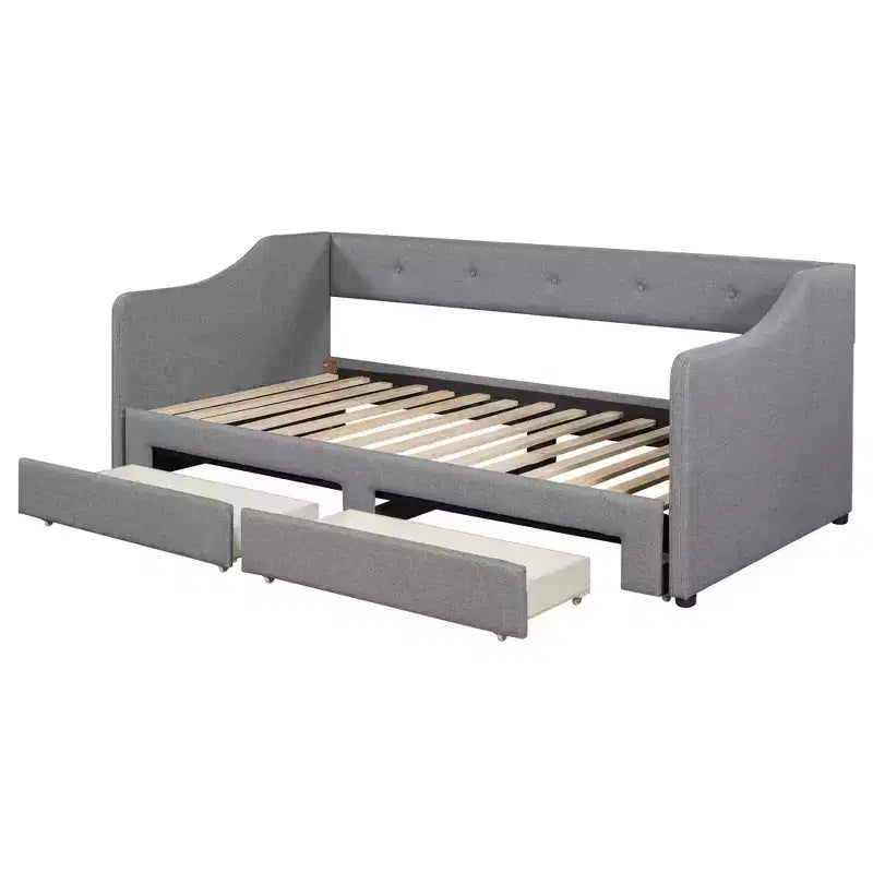 Letto a giorno in lino Twin XL a King Size con due cassetti, struttura del letto a giorno allungabile con letto estraibile a scomparsa per la camera degli ospiti