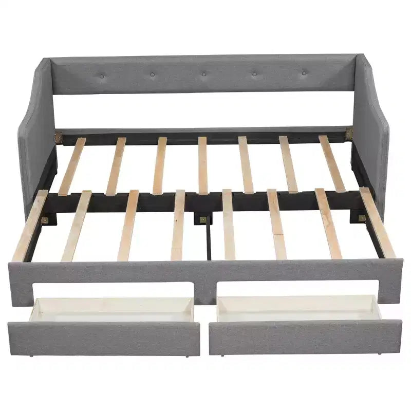 Letto a giorno in lino Twin XL a King Size con due cassetti, struttura del letto a giorno allungabile con letto estraibile a scomparsa per la camera degli ospiti