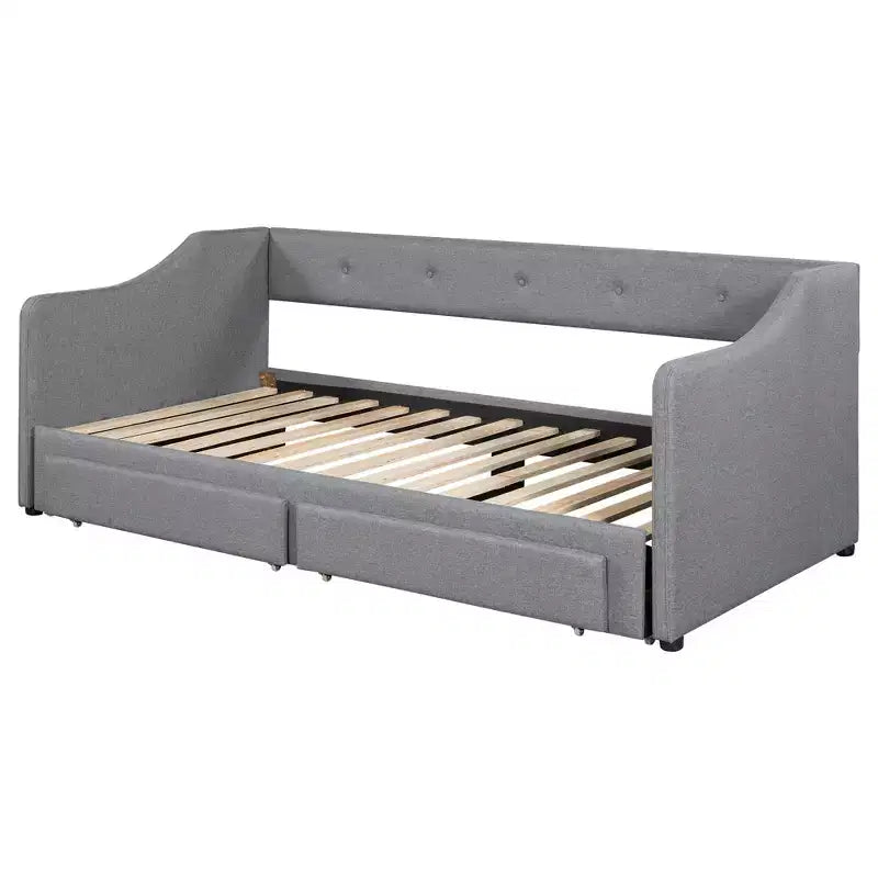 Letto a giorno in lino Twin XL a King Size con due cassetti, struttura del letto a giorno allungabile con letto estraibile a scomparsa per la camera degli ospiti