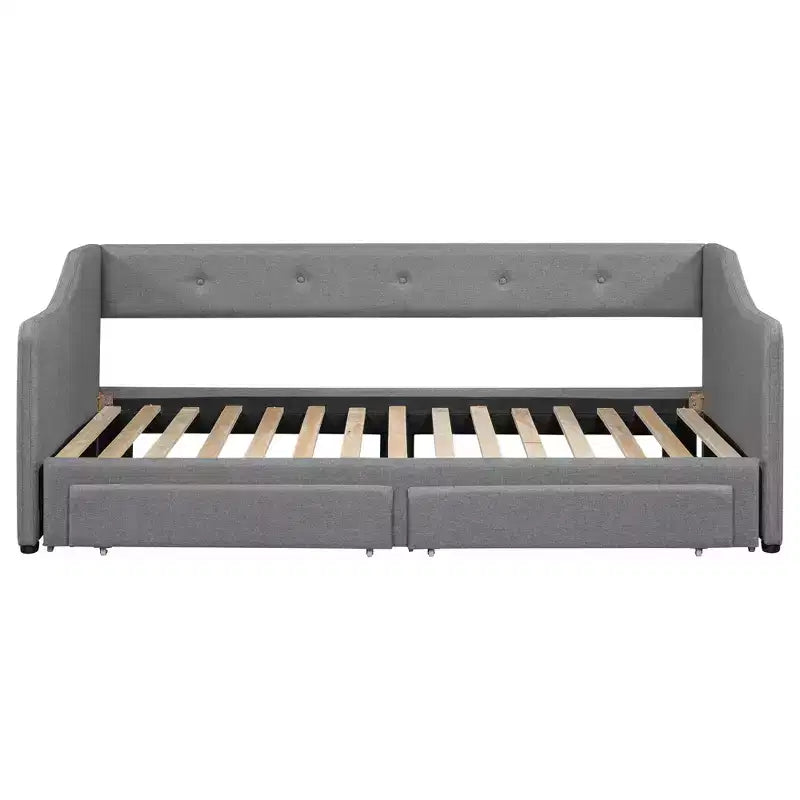 Letto a giorno in lino Twin XL a King Size con due cassetti, struttura del letto a giorno allungabile con letto estraibile a scomparsa per la camera degli ospiti