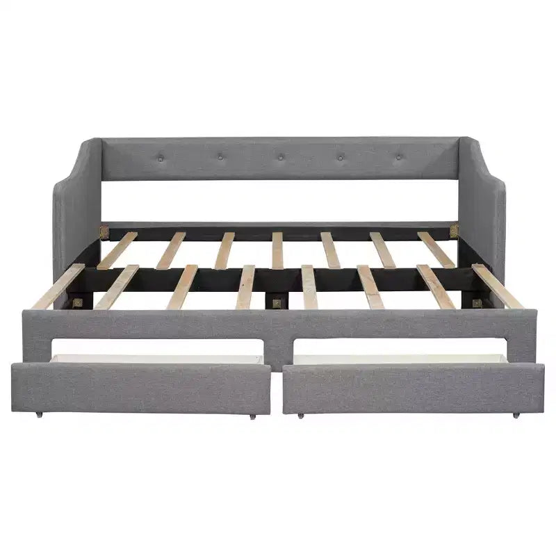 Letto a giorno in lino Twin XL a King Size con due cassetti, struttura del letto a giorno allungabile con letto estraibile a scomparsa per la camera degli ospiti