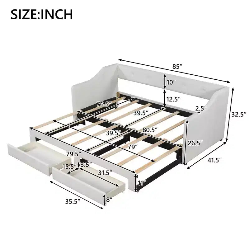 Letto a giorno in lino Twin XL a King Size con due cassetti, struttura del letto a giorno allungabile con letto estraibile a scomparsa per la camera degli ospiti