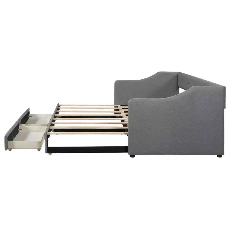 Letto a giorno in lino Twin XL a King Size con due cassetti, struttura del letto a giorno allungabile con letto estraibile a scomparsa per la camera degli ospiti