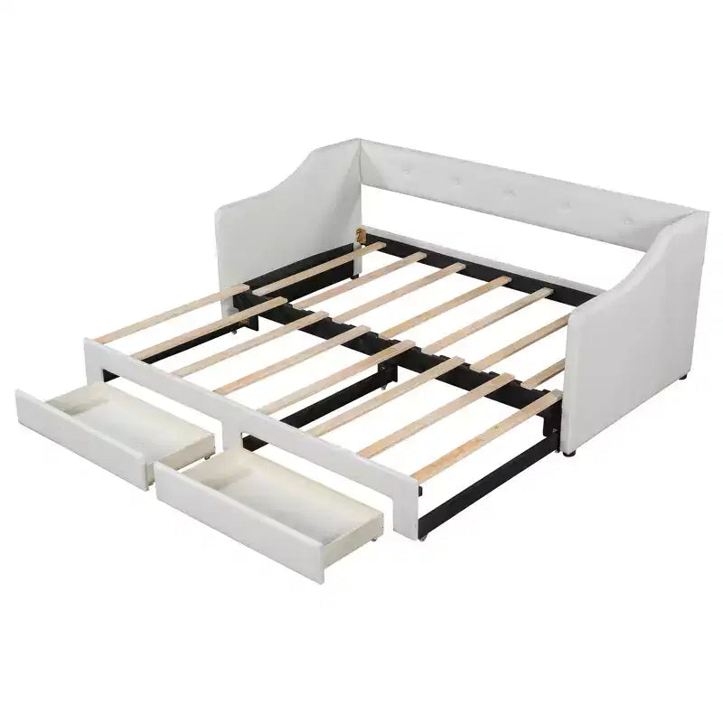 Letto a giorno in lino Twin XL a King Size con due cassetti, struttura del letto a giorno allungabile con letto estraibile a scomparsa per la camera degli ospiti