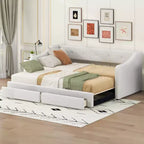 Twin XL to King Size Linen Upholstered Daybed with Two Drawers, Extendable Daybed Frame with Pop-up Trundle Bed for Guest Room