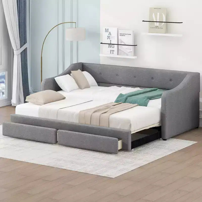 Letto a giorno in lino Twin XL a King Size con due cassetti, struttura del letto a giorno allungabile con letto estraibile a scomparsa per la camera degli ospiti
