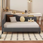 Daybed Imbottito a L per Letti Gemelli/Matrimoniali, Struttura in Lino con Gambe in Legno Massello per Soggiorno