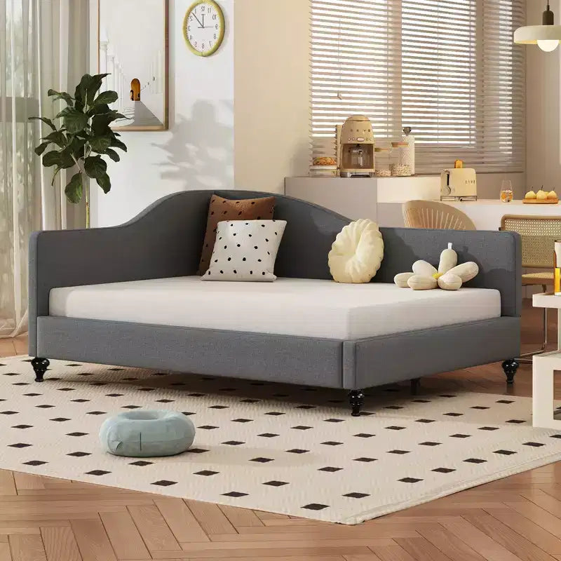Daybed Imbottito a L per Letti Gemelli/Matrimoniali, Struttura in Lino con Gambe in Legno Massello per Soggiorno