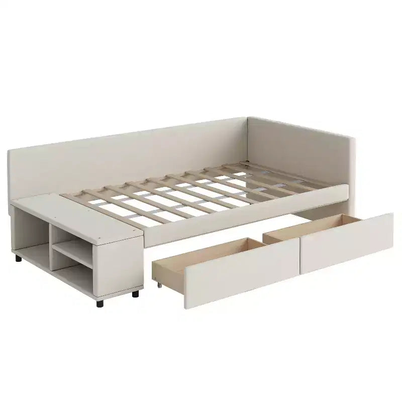 Divano Letto a L Imbottito in Legno con Ripiano Laterale, Divano Letto Singolo in Velluto con 2 Cassetti per Camera da Letto