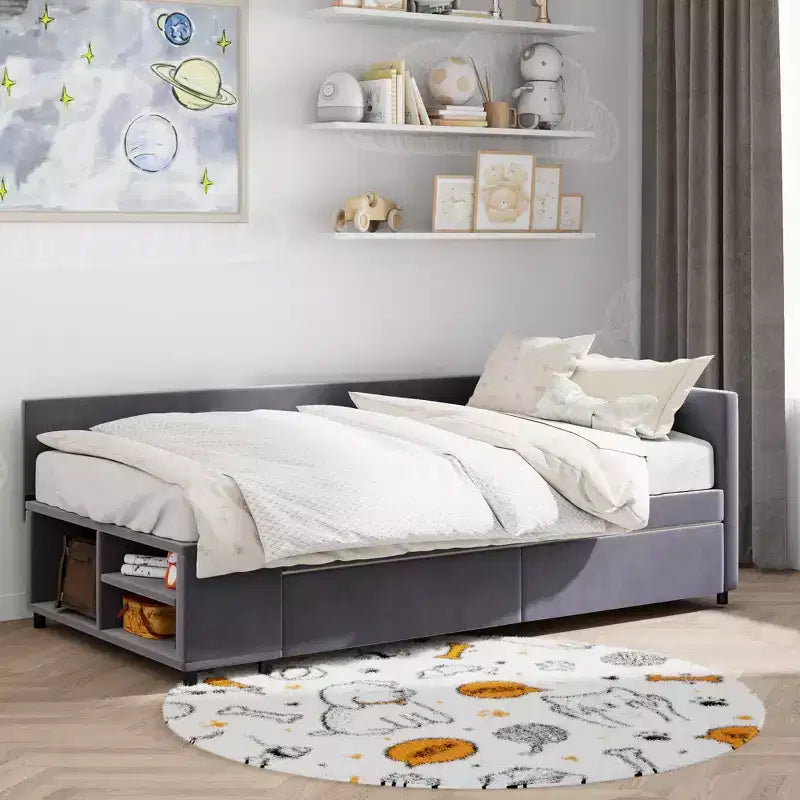 Divano Letto a L Imbottito in Legno con Ripiano Laterale, Divano Letto Singolo in Velluto con 2 Cassetti per Camera da Letto