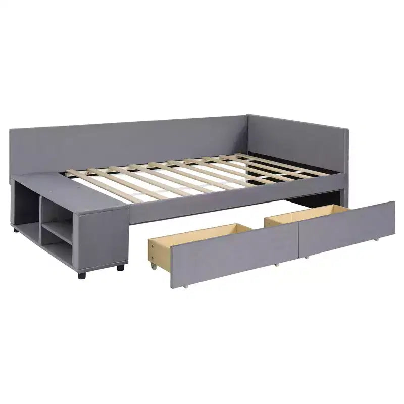Divano Letto a L Imbottito in Legno con Ripiano Laterale, Divano Letto Singolo in Velluto con 2 Cassetti per Camera da Letto