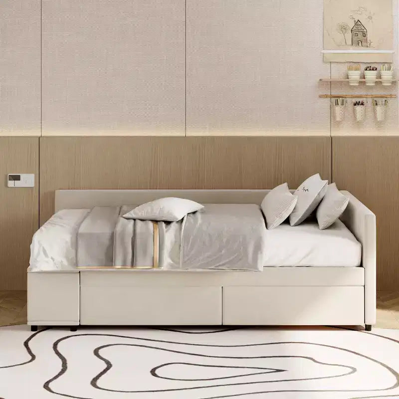 Divano Letto a L Imbottito in Legno con Ripiano Laterale, Divano Letto Singolo in Velluto con 2 Cassetti per Camera da Letto