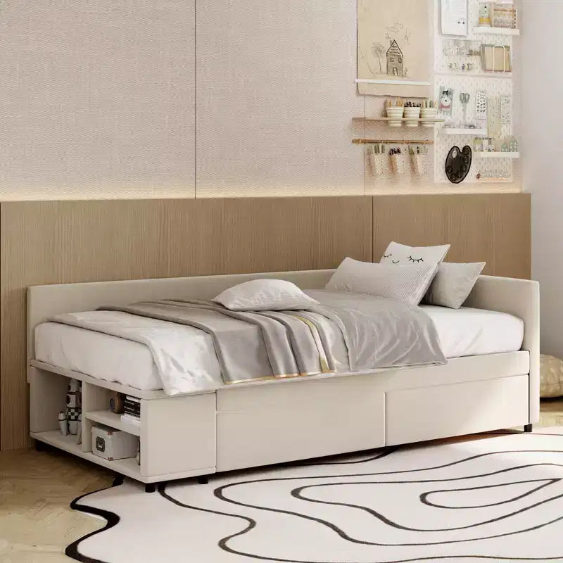 Divano Letto a L Imbottito in Legno con Ripiano Laterale, Divano Letto Singolo in Velluto con 2 Cassetti per Camera da Letto