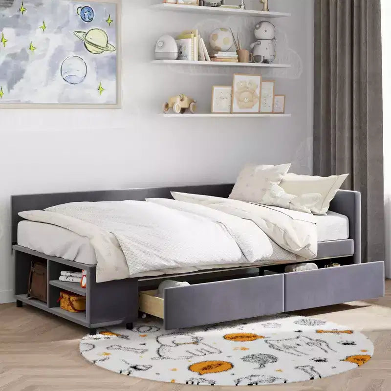 Divano Letto a L Imbottito in Legno con Ripiano Laterale, Divano Letto Singolo in Velluto con 2 Cassetti per Camera da Letto