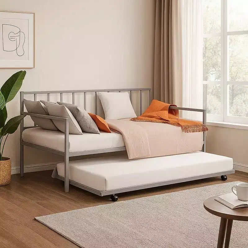 Royal Hampton Daybed with Pull Out Trundle, Silver Slatted Open Metal Frame