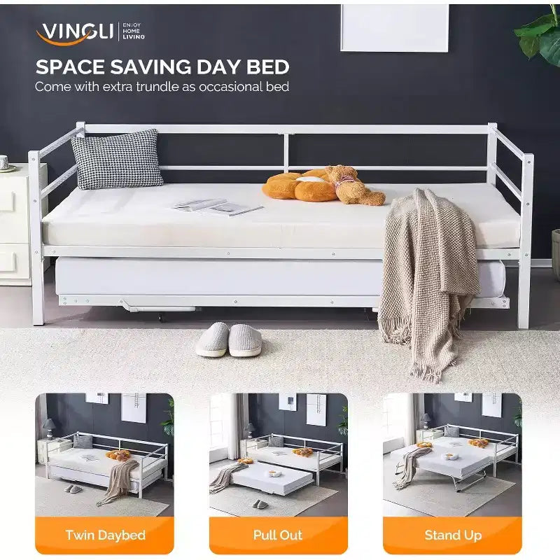 Vingli Letto a giorno con letto estraibile, letto singolo in metallo resistente con letto a rotelle, non necessita di rete a molle